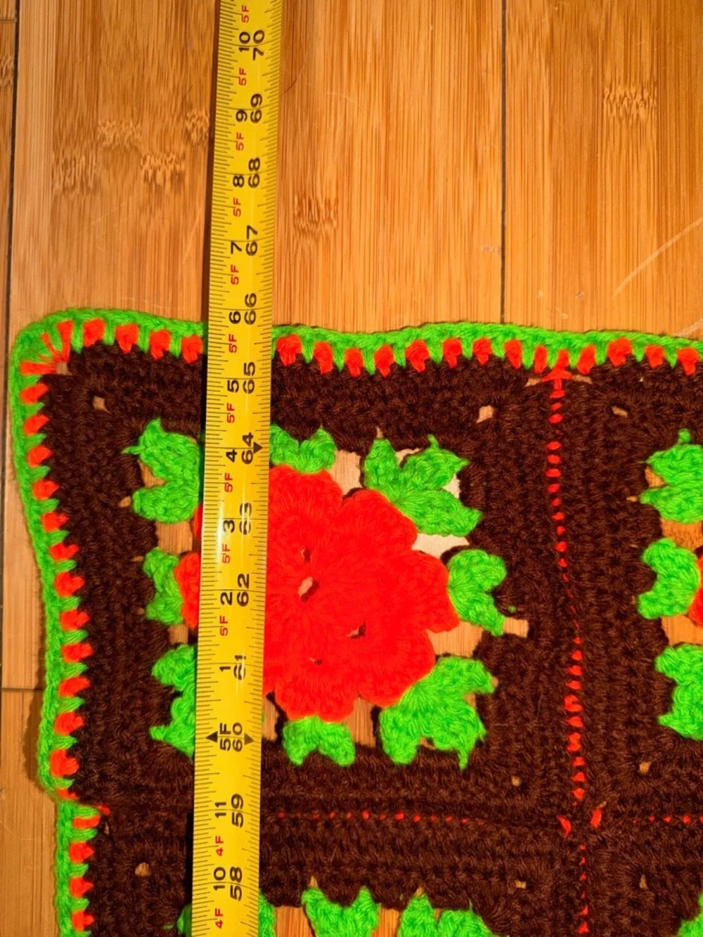 Vintage Handmade Crochet Granny Square Blanket with Orange Flowers
